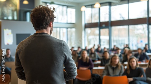 Lecturer Addressing Attentive Audience in Bright Seminar Hall