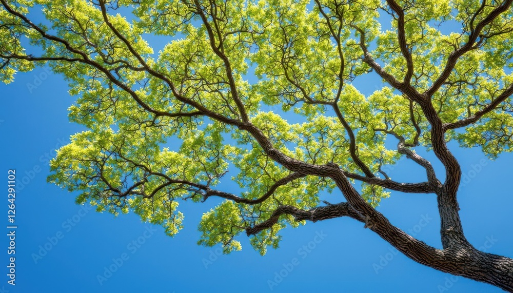 Lush green tree branches against a clear blue sky create a vibrant natural scene. Lush green tree branches against a clear blue sky create a vibrant natural scene.