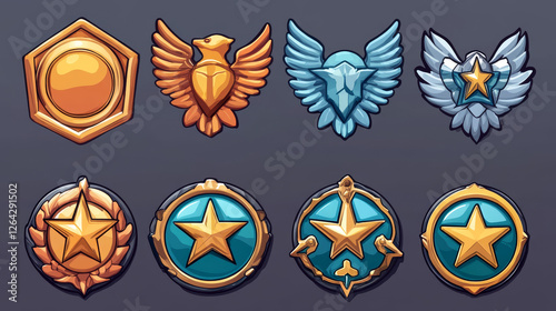 Military game rank badges. Army ranking badge gold silver metal emblem, war gaming insignia level achievement medal with star wing pilot award cartoon ui swanky vector illustration original artwork