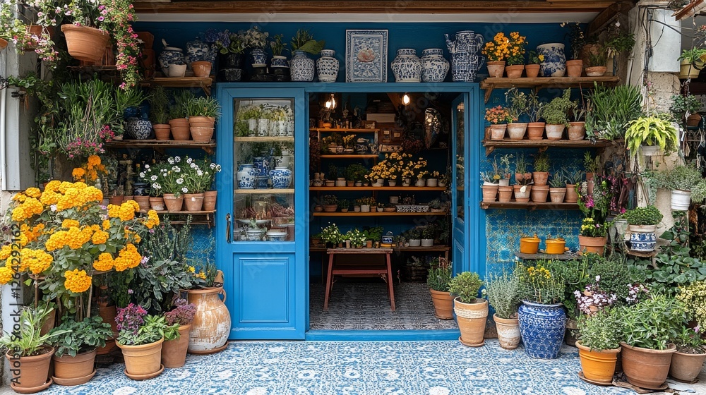 Fototapeta premium Floral Shop Front with Blue Door and Tile Floor An Abundance of Potted Plants Decorates this Charming Business Entrance