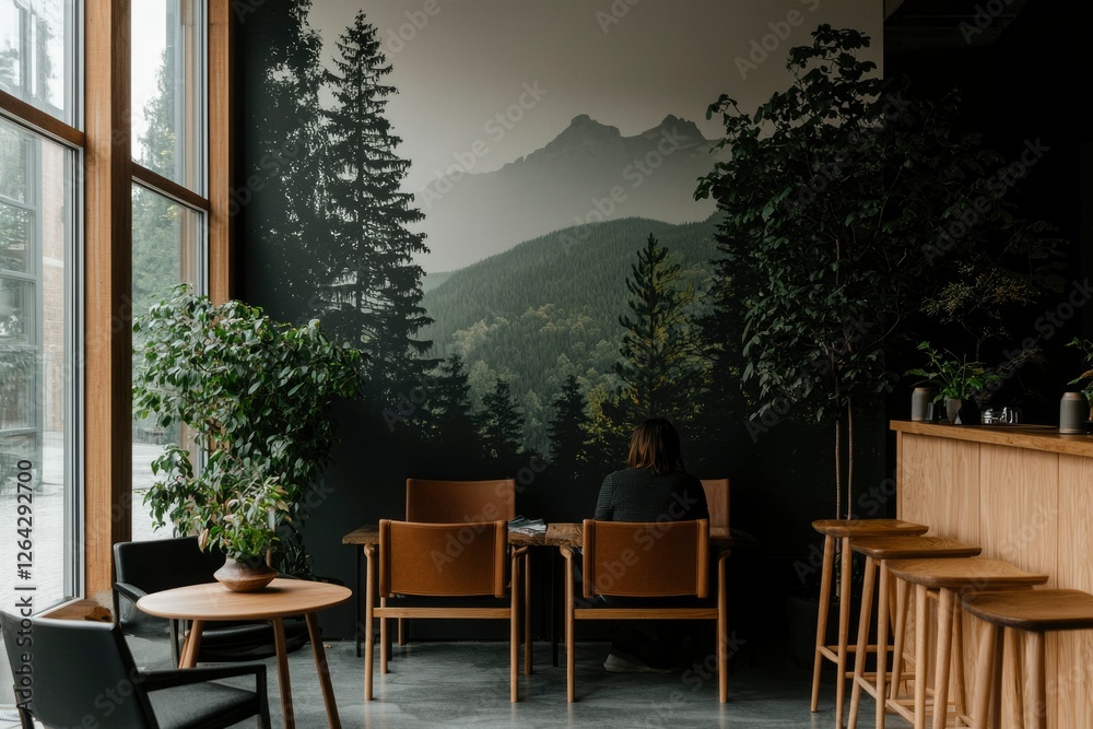 Fototapeta premium Relaxing at a wooden table in a cafe with trees and a mountain mural behind