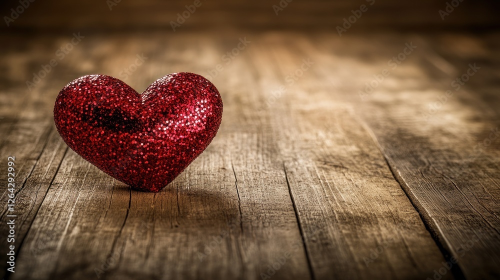 Fototapeta premium Red glitter heart on rustic wood, Valentine's Day card design