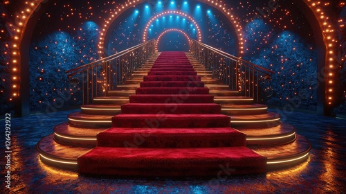 Grand staircase illuminated by vibrant lights  leading to an ornate archway in a festive venue