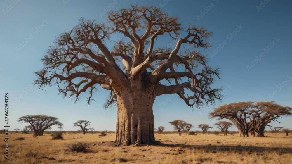 A majestic baobab tree stands tall in the African savanna. A symbol of resilience and longevity in a harsh landscape A majestic baobab tree stands tall in the African savanna. A symbol of resilience and longevity in a harsh landscape