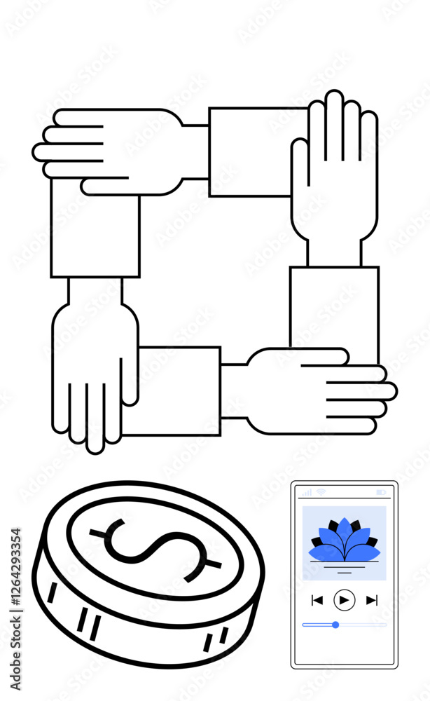 Fototapeta premium Four interconnected hands forming a square, a coin with a dollar sign, and a media player with artwork. Ideal for teamwork, unity, finance, business, multimedia, digital services and cooperation