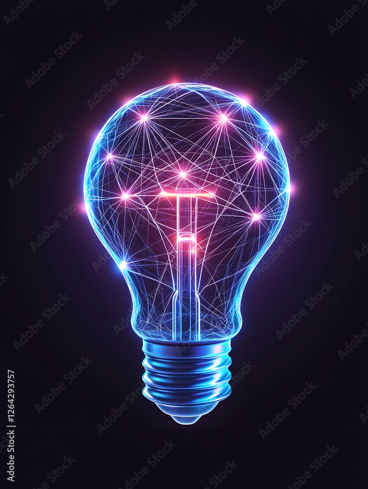 Digital lightbulb with neural network glowing on black, representing innovation generative AI Digital lightbulb with neural network glowing on black, representing innovation generative AI