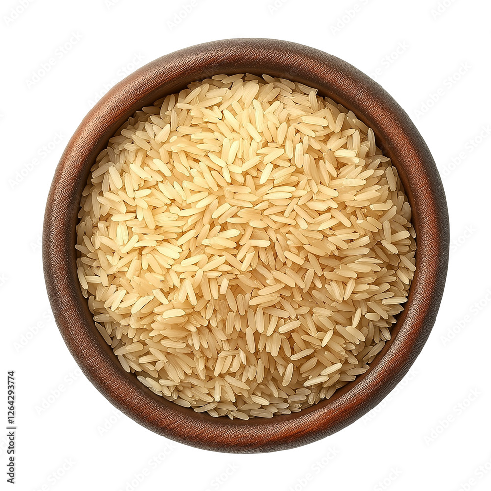 rice in a wooden bowl top view isolated on transparent white background, clipping path rice in a wooden bowl top view isolated on transparent white background, clipping path
