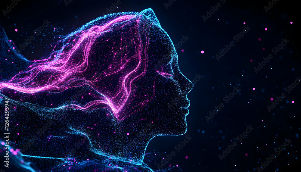 Digital woman profile, pink and blue particles flowing, against dark background generative AI Digital woman profile, pink and blue particles flowing, against dark background generative AI