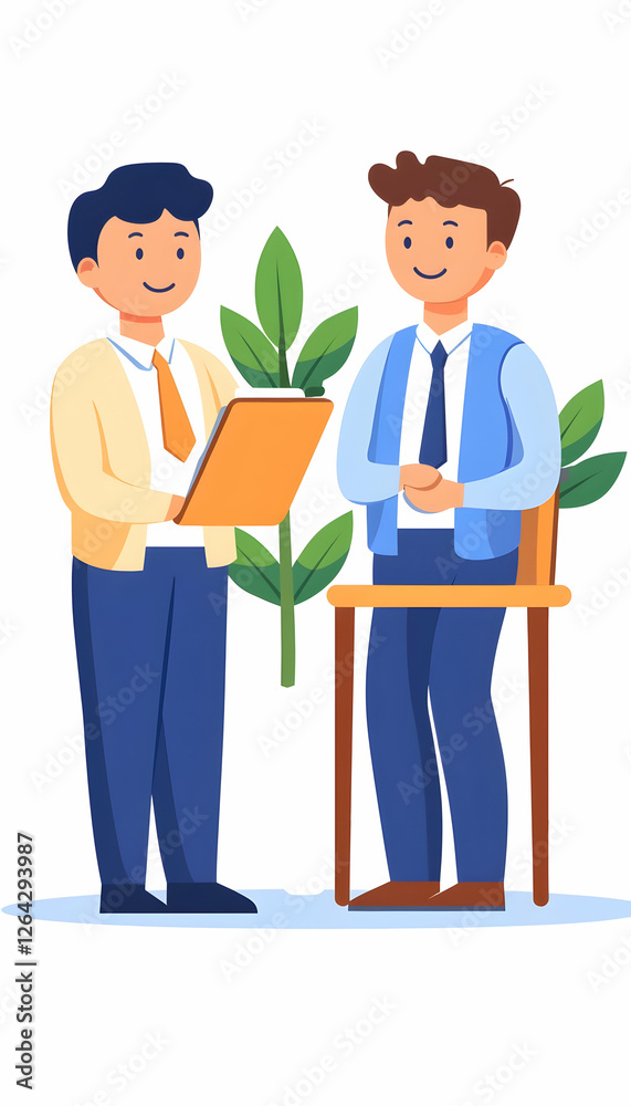 Discussion Two people talking in an office, one holds clipboard, plants behind generative AI Discussion Two people talking in an office, one holds clipboard, plants behind generative AI