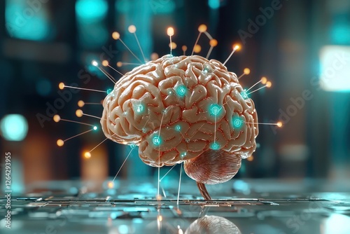 Brain model enhanced by digital nodes illustrates concepts of heightened intelligence. photo
