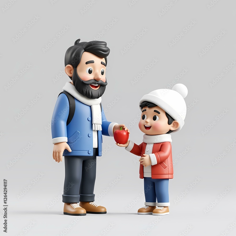 A man and boy are standing together. The boy is holding an apple in his hands. He looks very happy. A man and boy are standing together. The boy is holding an apple in his hands. He looks very happy.
