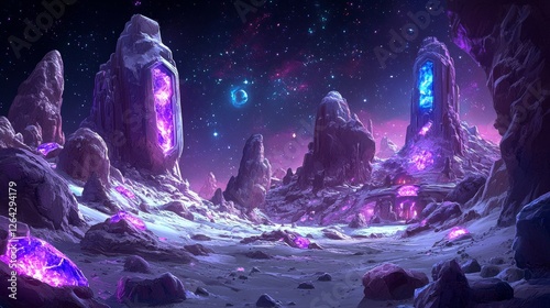 Mystical Landscape of Glowing Crystals and Rock Formations Under a Starry Sky in a Magical Realm