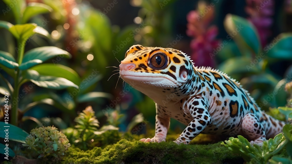 Fototapeta premium Enchanted Leopard Gecko in Magical Garden Surrounded by Glowing Plants