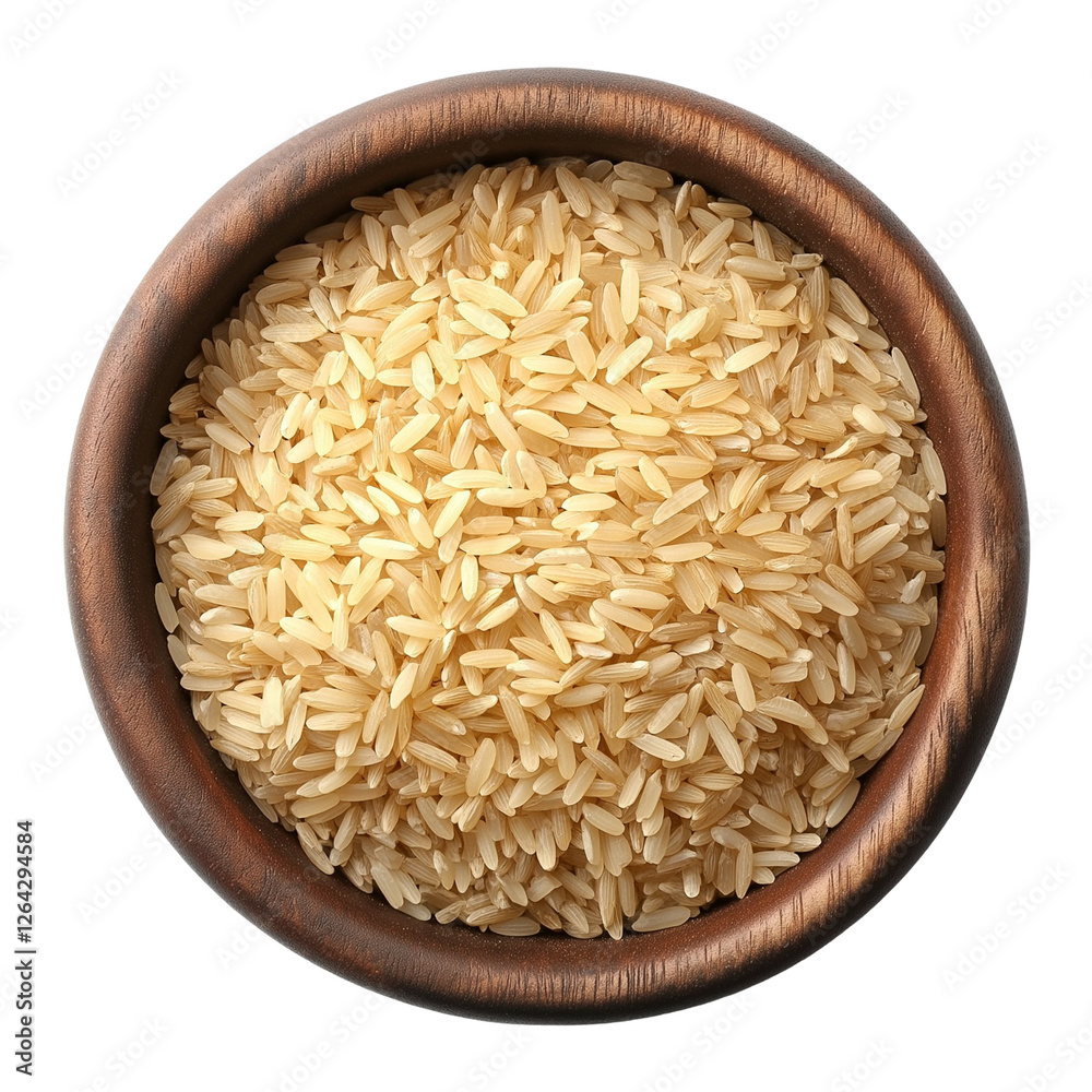 rice in a wooden bowl top view isolated on transparent white background, clipping path rice in a wooden bowl top view isolated on transparent white background, clipping path
