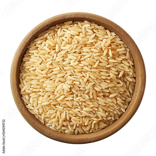 rice in a wooden bowl top view isolated on transparent white background, clipping path photo