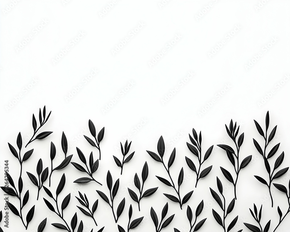 Naklejka premium Pattern of Leafy Black Plants on White, Use as Background for text or image generative AI