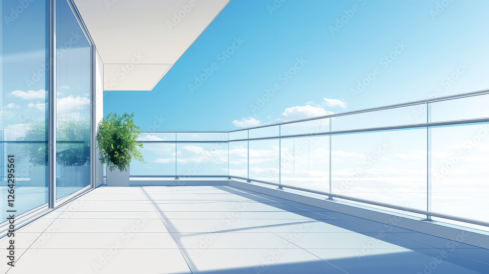 Obraz premium 3d glass balcony with window to home living room, office or hotel room. Empty house terrace with glass railing and view of blue sky, vector realistic illustration