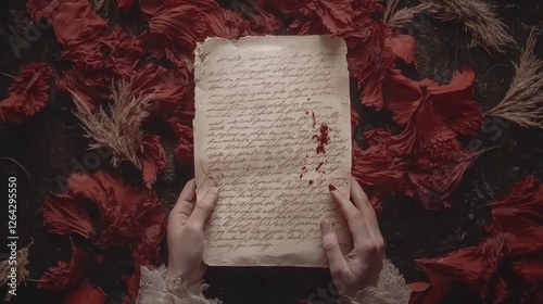 Woman reading bloody antique letter amidst red petals; dark background; gothic romance