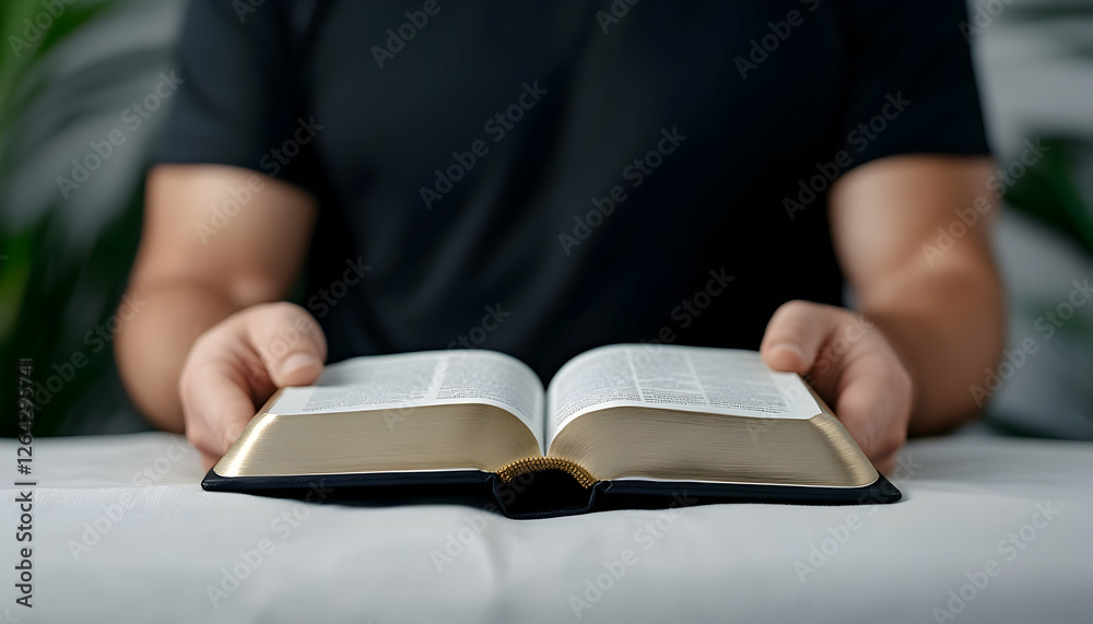 Person holding open book at table with plant backdrop for study or relaxation generative AI Person holding open book at table with plant backdrop for study or relaxation generative AI