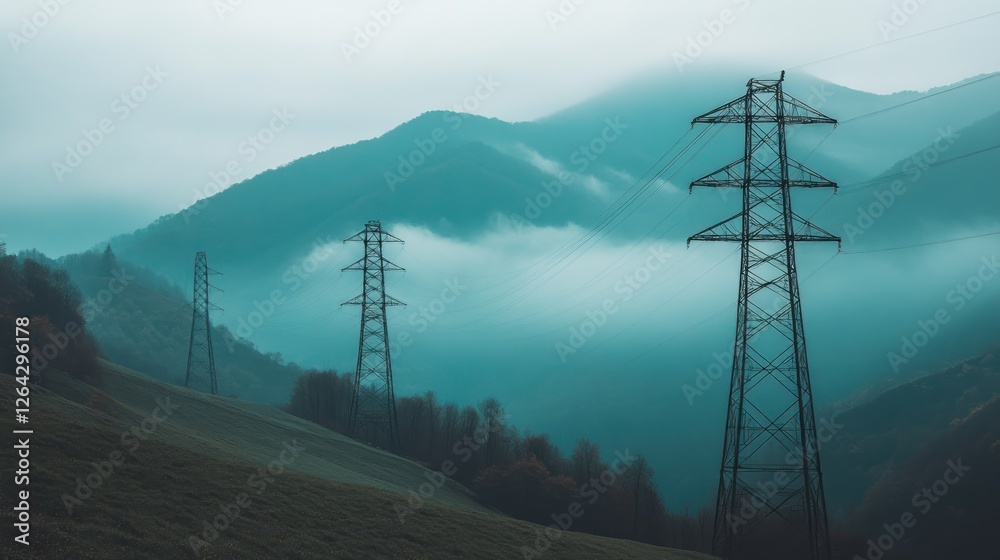 Obraz premium Misty mountain power lines landscape, energy transmission