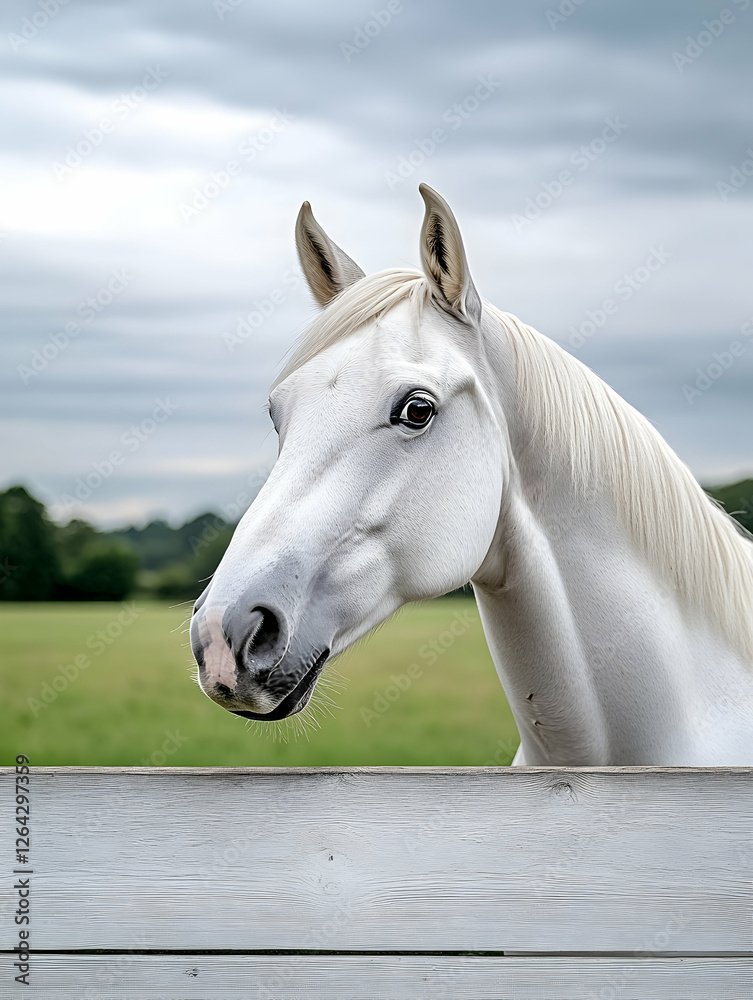 Obraz premium Portrait of a white horse looking over the fence, in a green meadow, for farm ad generative AI