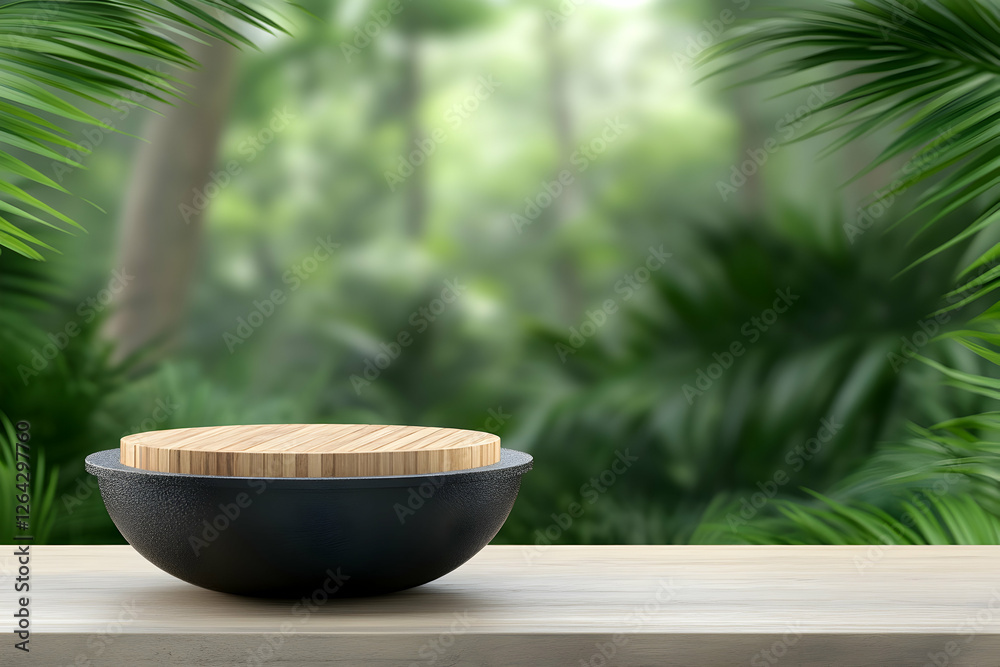 Product display bowl on table, jungle background with leaves, advertising template generative AI Product display bowl on table, jungle background with leaves, advertising template generative AI