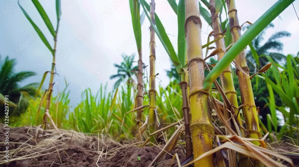 Obraz premium Dramatic Rainstorm Over Sugar Cane Fields Tropical Landscape Photography with Ground-Level Perspective