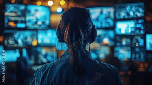 Police officer monitoring surveillance screens in a control room during a critical operation