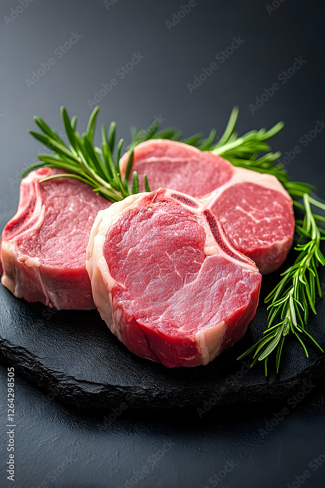 Raw lamb chops with rosemary on a black slate. Preparing food, gourmet dining generative AI Raw lamb chops with rosemary on a black slate. Preparing food, gourmet dining generative AI