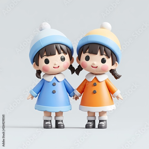 A pair of dolls dressed in coats holding hands. photo