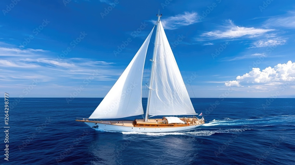Sailing yacht on a bright blue sea, sunny day, pristine waters. Possible use Stock photo for travel, vacation, sailing or yacht advertising Sailing yacht on a bright blue sea, sunny day, pristine waters. Possible use Stock photo for travel, vacation, sailing or yacht advertising