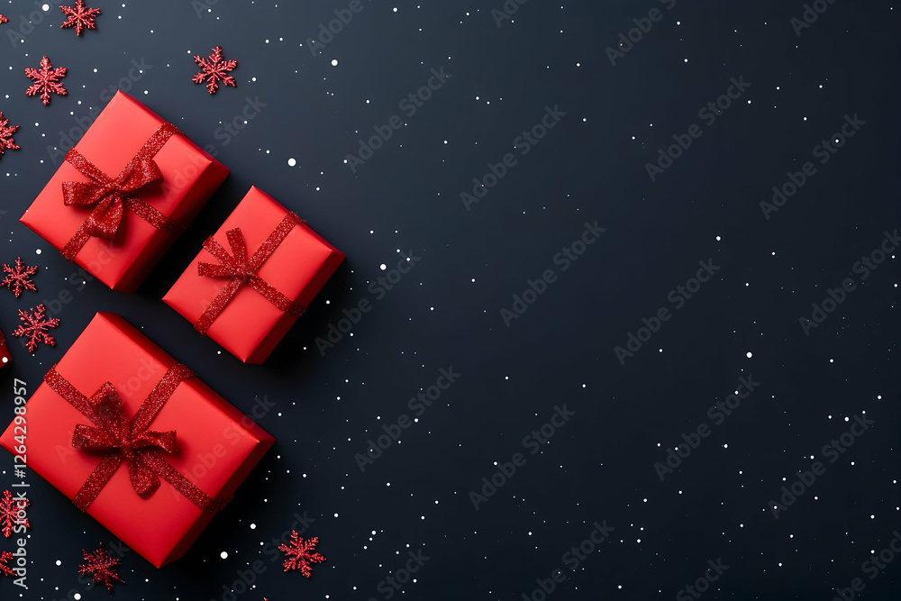 Red gift boxes with bows on dark surface with snowflakes for holiday generative AI