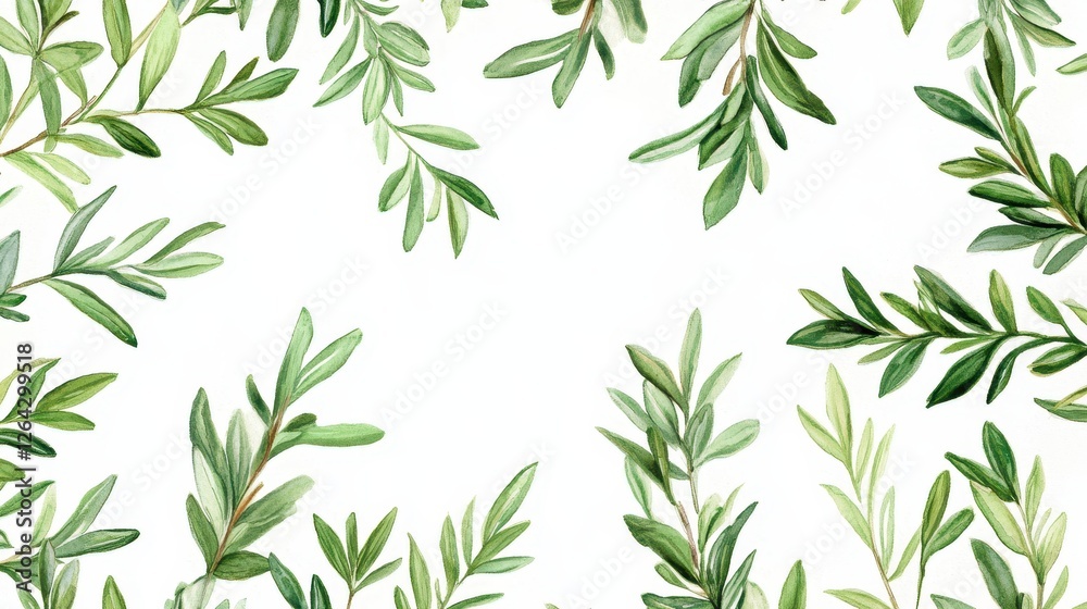 Fototapeta premium Watercolor painting of olive branches, forming a frame. Ideal for invitations, cards, or nature-themed designs.