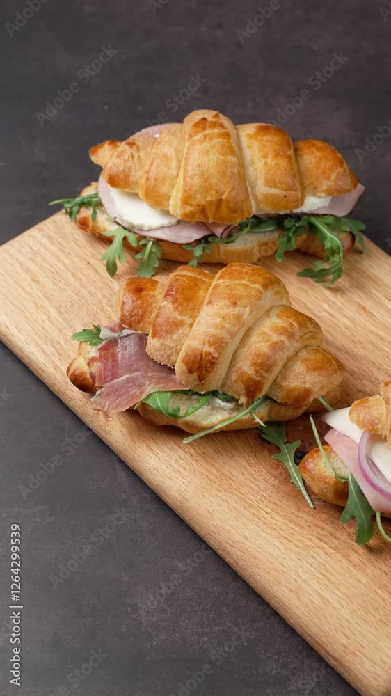 Vertical view, Ham, cheese and arugula croissant sandwiches, aerial view, copy space Vertical view, Ham, cheese and arugula croissant sandwiches, aerial view, copy space