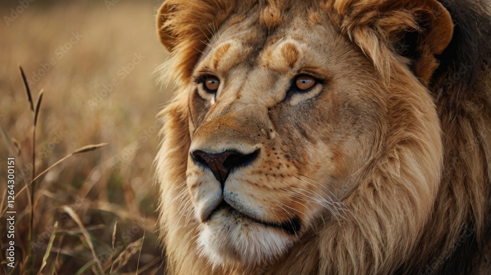 Fototapeta premium Close-up portrait of a male lion in the African savanna. A powerful image of wildlife and the king of the jungle.