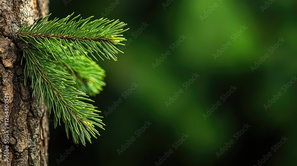 Closeup evergreen branch on tree trunk, blurred forest background. Possible use nature desktop wallpaper Closeup evergreen branch on tree trunk, blurred forest background. Possible use nature desktop wallpaper