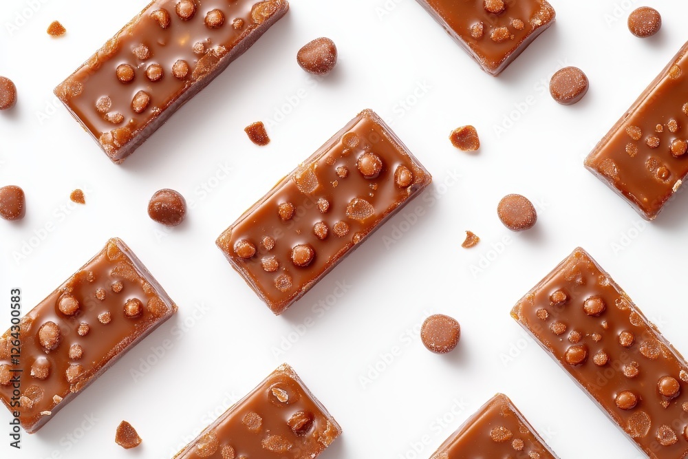 Delicious caramel candies with crunchy bits, arranged on a white background. Perfect for food blogs, packaging, or advertising sweet treats. Delicious caramel candies with crunchy bits, arranged on a white background. Perfect for food blogs, packaging, or advertising sweet treats.