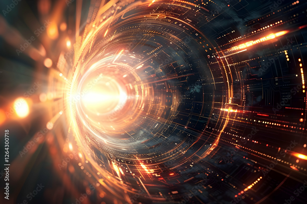 Obraz premium Abstract representation of a glowing vortex with dynamic light trails and digital patterns in motion