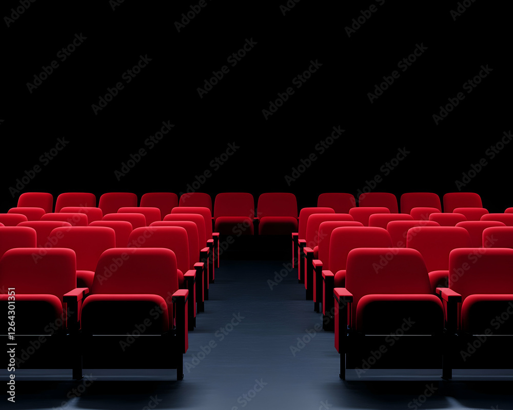 Fototapeta premium Rows of red seats in empty movie theater or stage, dark background, event promo generative AI