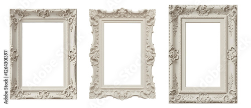 Ornate vintage picture frame in off white with floral details set transparent background