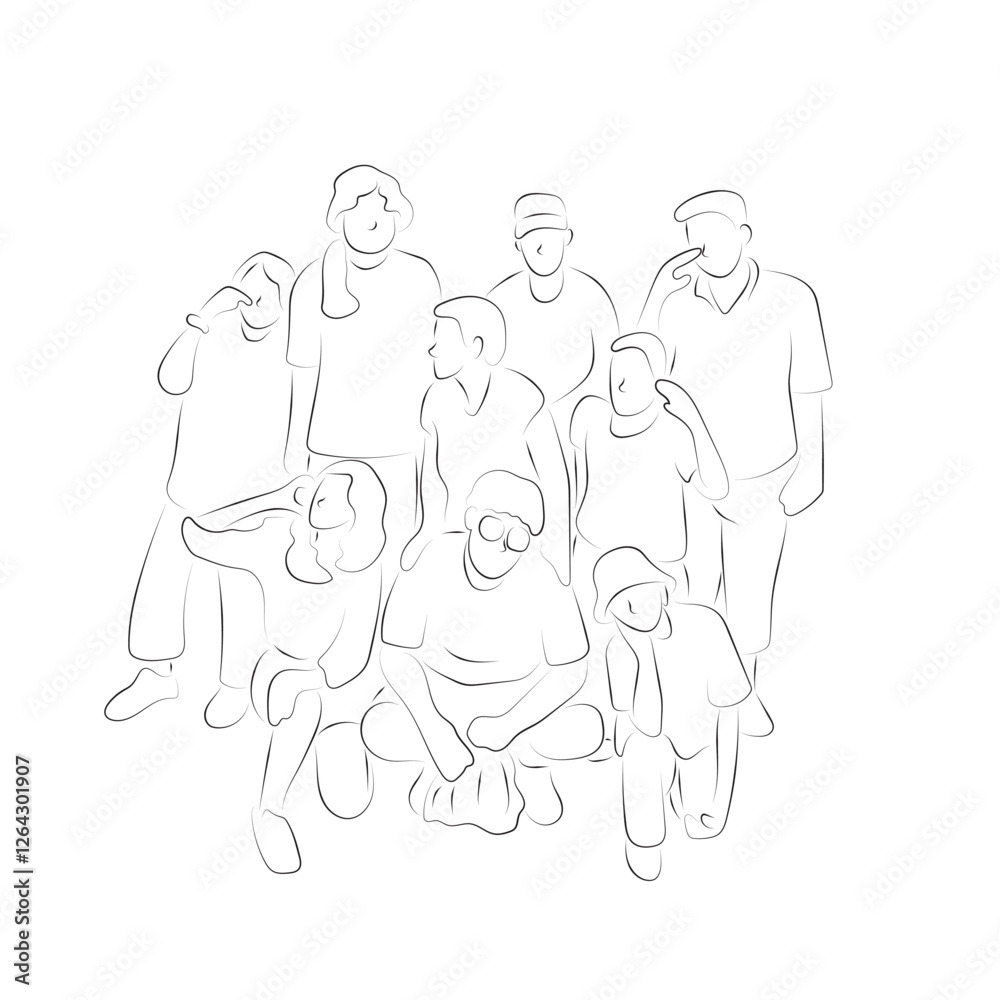 black lines of nine people together in teamwork illustration vector hand drawn with black lines isolated on white background black lines of nine people together in teamwork illustration vector hand drawn with black lines isolated on white background