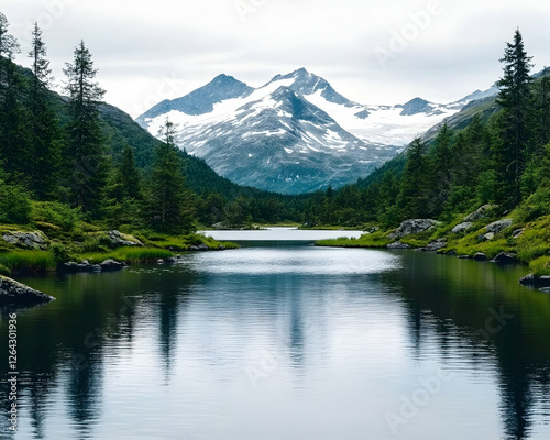 Scenic view lake reflects snow-capped mountain in a green forest. Travel postcard generative AI photo