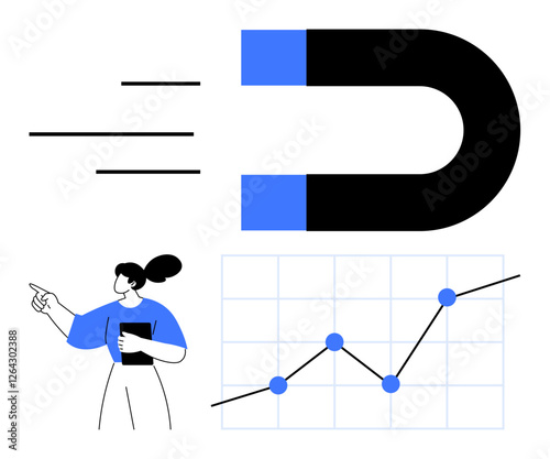 Large magnet pulling toward a rising line graph while a person points and analyzes. Ideal for marketing, growth, strategy, leadership, success, sales, and abstract line flat metaphor