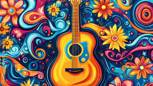 Peace music posters with hippie sign and man with guitar. Woodstock festival style. Vector flyers with cartoon psychedelic patterns. Retro music of 60s and 70s