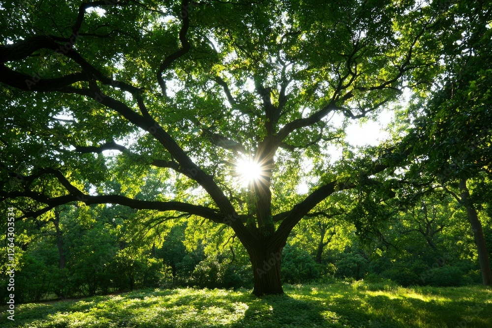 Sunlight through green tree foliage in park; sun flares. Use nature background Sunlight through green tree foliage in park; sun flares. Use nature background