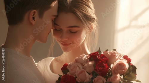 Affectionate Couple with Flowers Bouquet