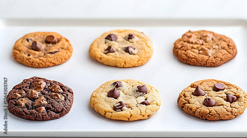 Six chocolate chip cookies sit on a white tray with a light background. For baking generative AI Six chocolate chip cookies sit on a white tray with a light background. For baking generative AI