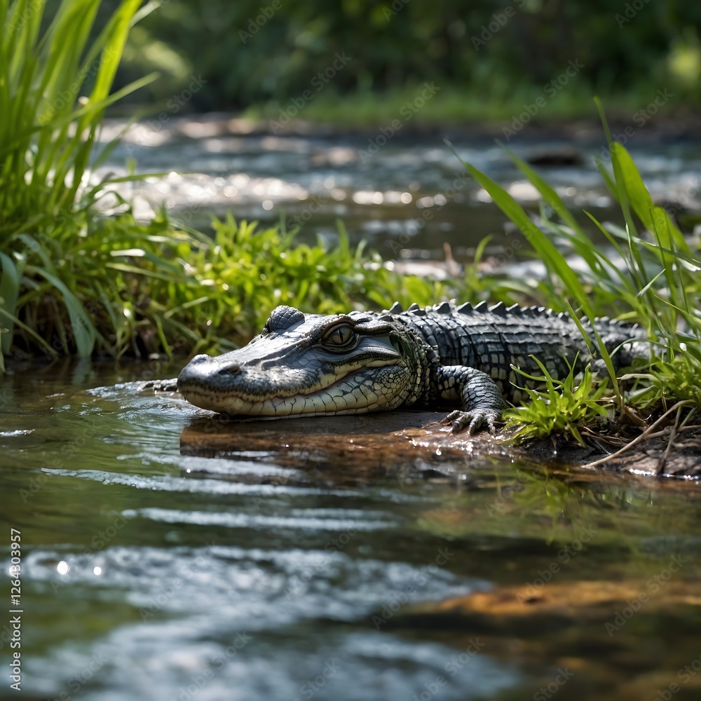 Fototapeta premium Baby Alligator Resting by Serene Stream Surrounded by Lush Greenery