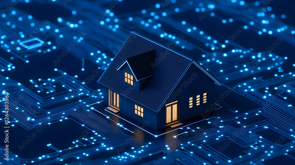 Smart home resting on a motherboard, bright windows glow. Concept for technology generative AI Smart home resting on a motherboard, bright windows glow. Concept for technology generative AI