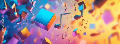 Vibrant Cubes and Musical Notes: A Dynamic Abstract Artwork